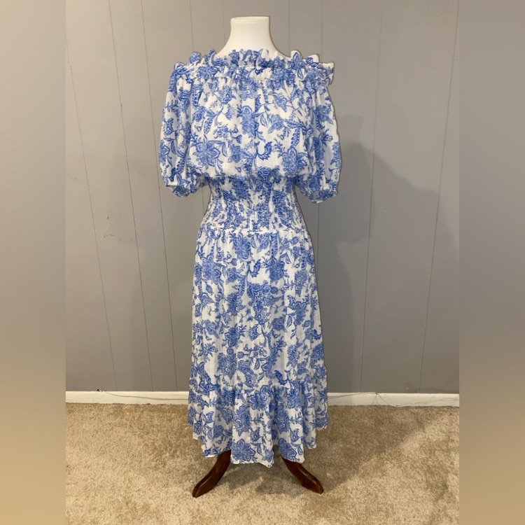 Misa Los Angeles White And Blue Floral Off-Shoulder Maxi Dress